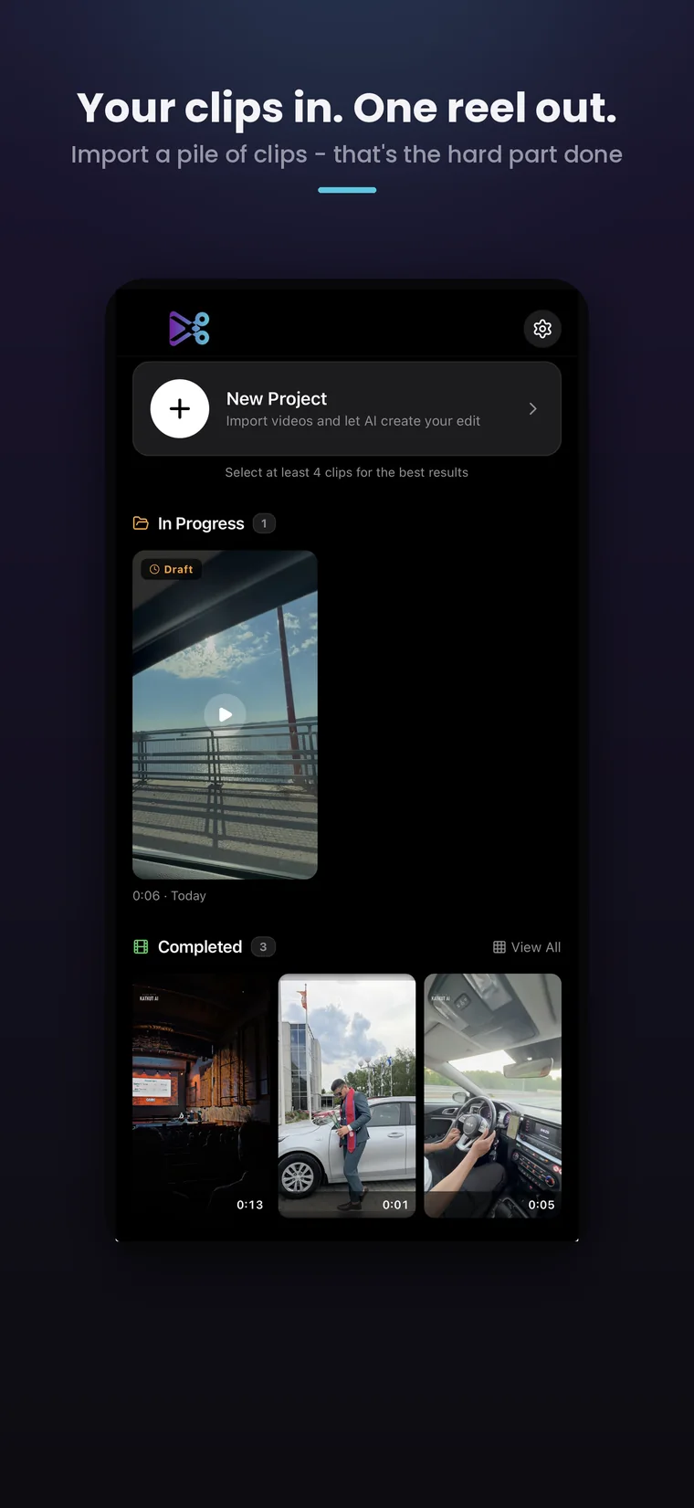 Katkut AI home screen: your clips in, one reel out